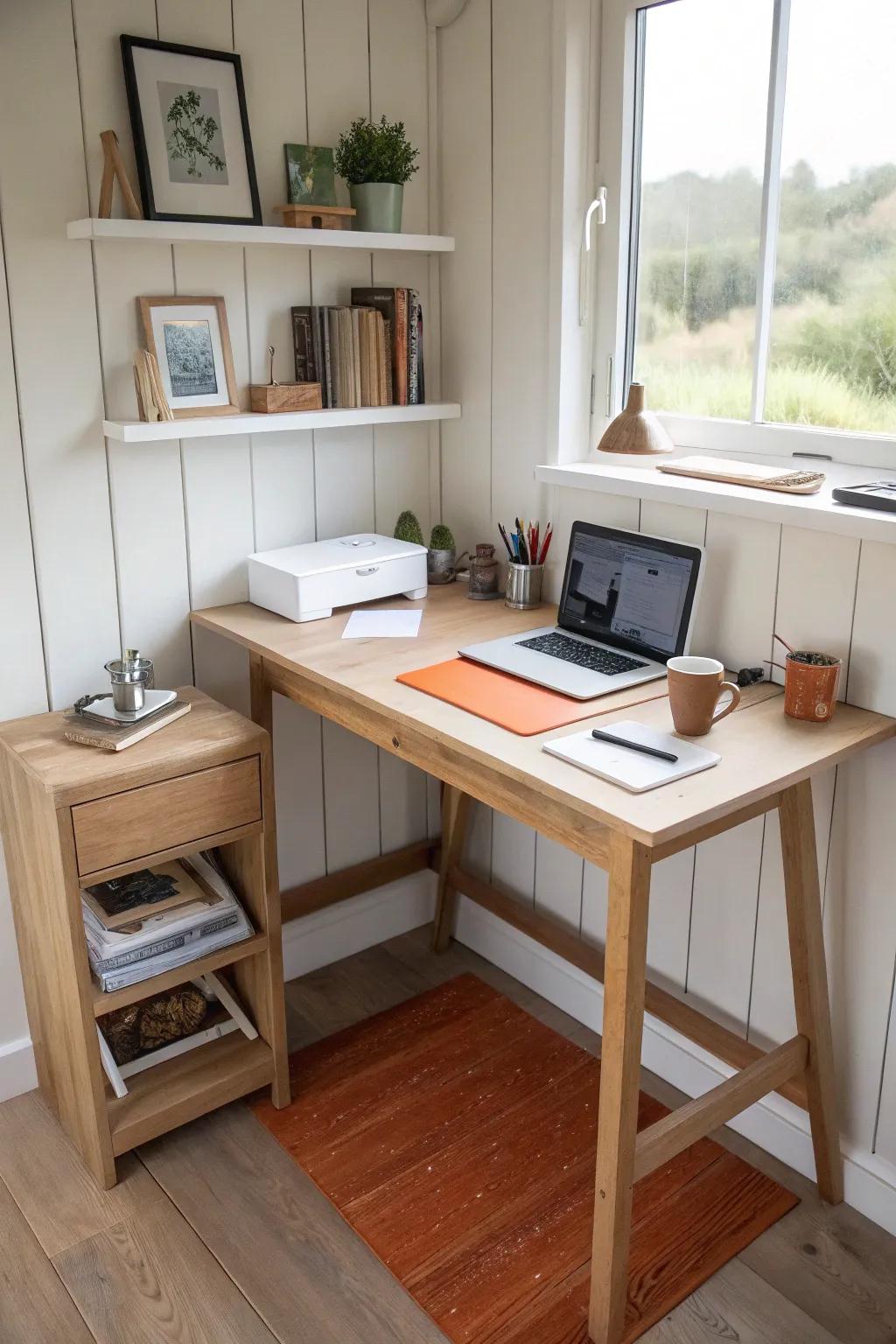 Turn a shed corner into a full workstation with a sleek L-desk and printer-ready nook.