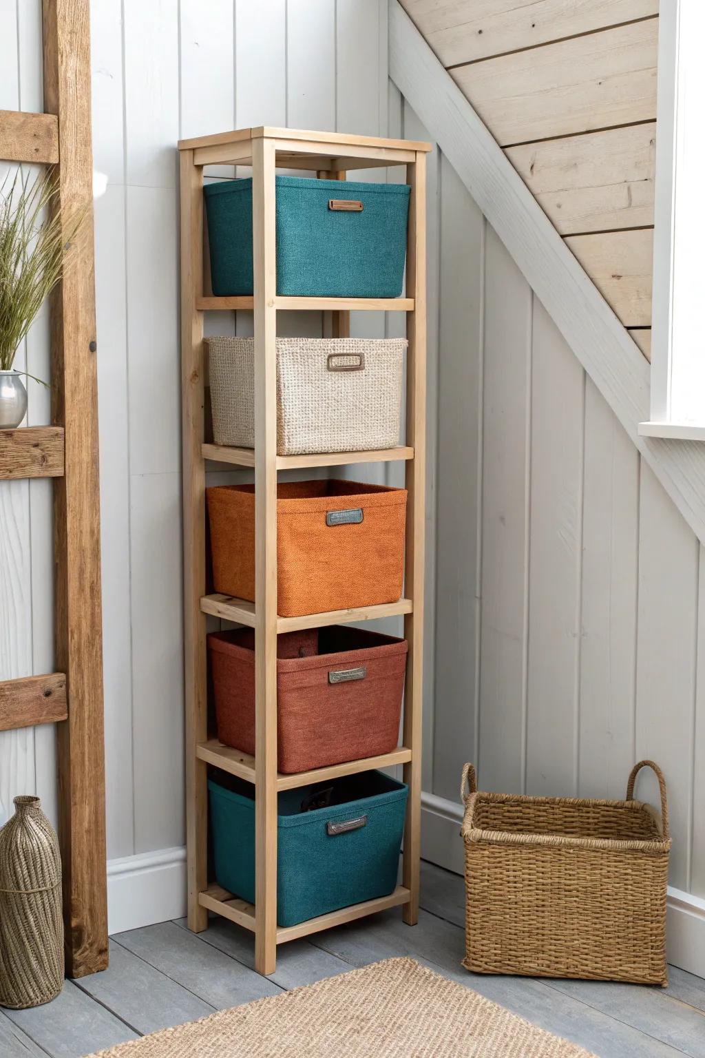 A slim freestanding shelf makes a tiny shed feel organized—stylish bins, zero walkway loss.