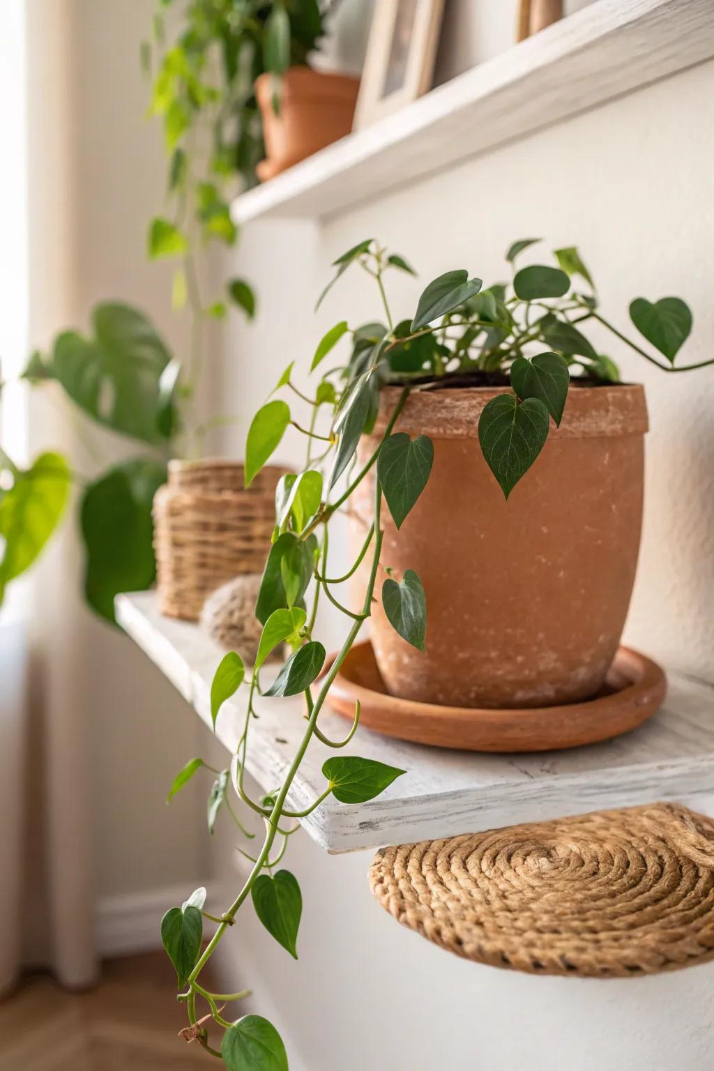 One trailing vine instantly softens a small shelf—minimal, lively, and beautifully boho.