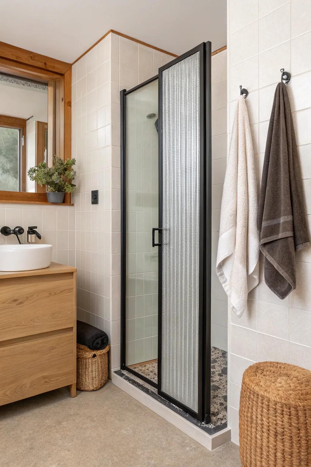 Bi-fold shower door style: folds neatly inward for easy entry in the tiniest alcoves.