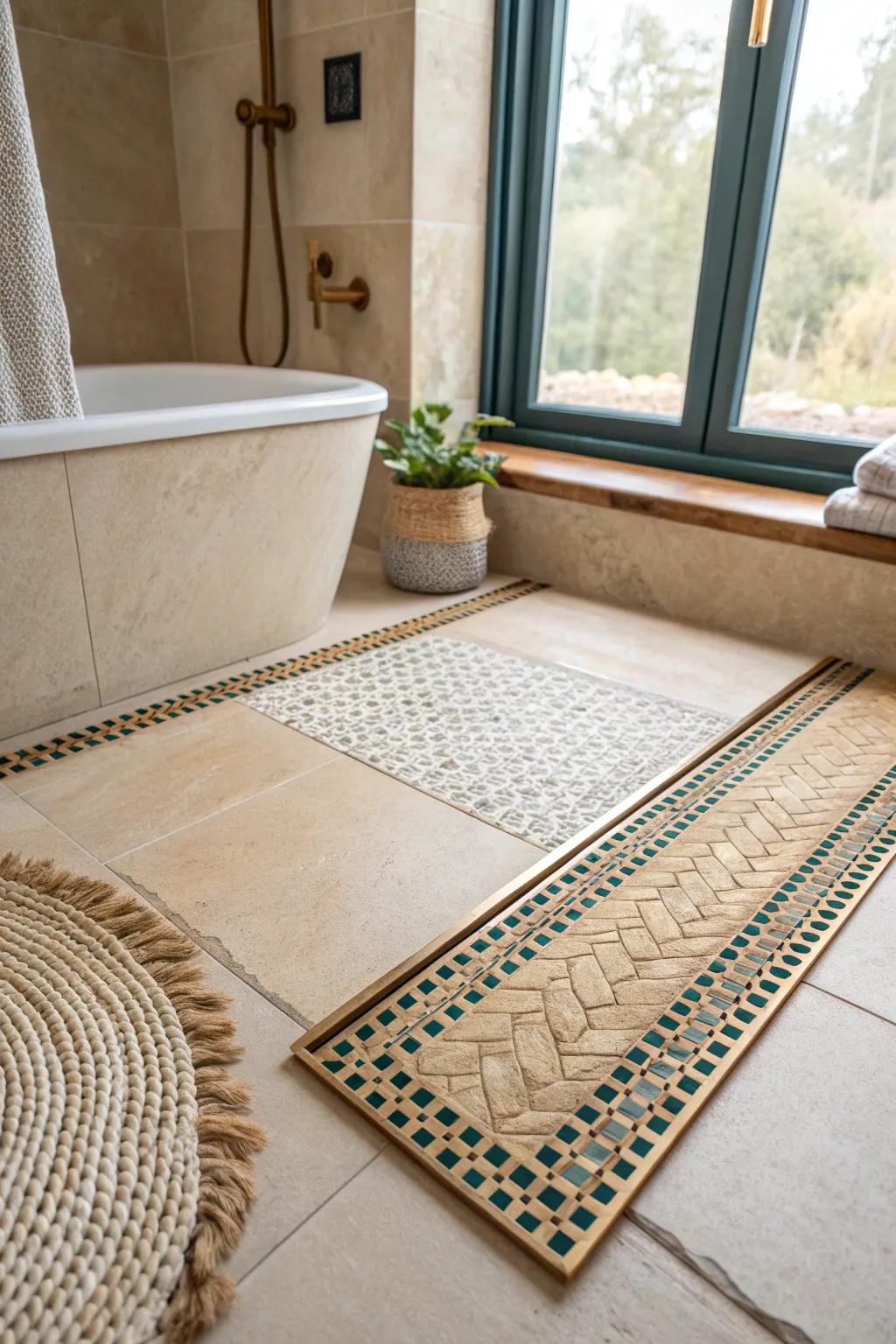 Curbless shower floor with seamless microcement and brass drain—small bath, big airy feel.