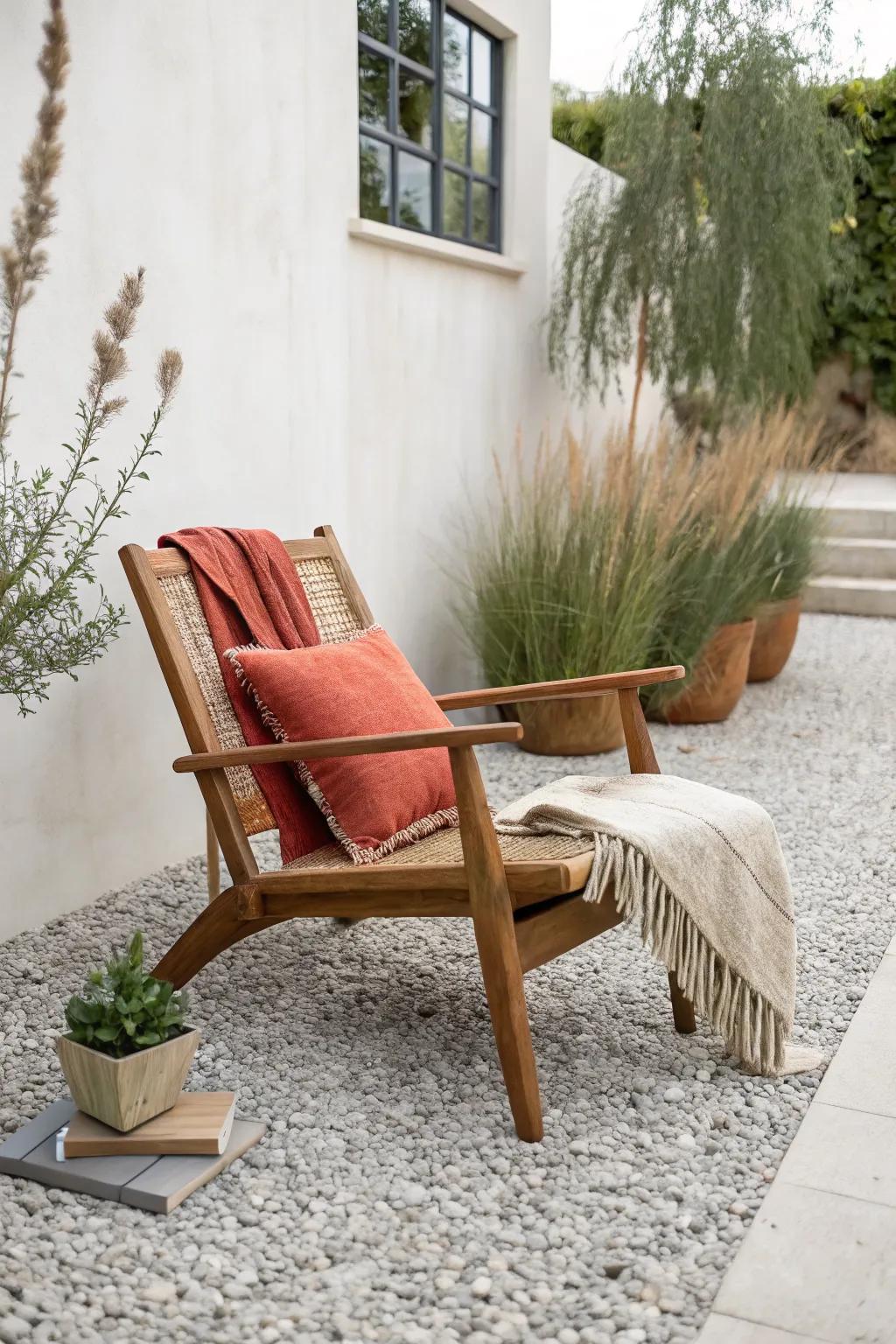 Budget gravel patio refresh: one statement chair turns a skinny side yard into a lounge spot.