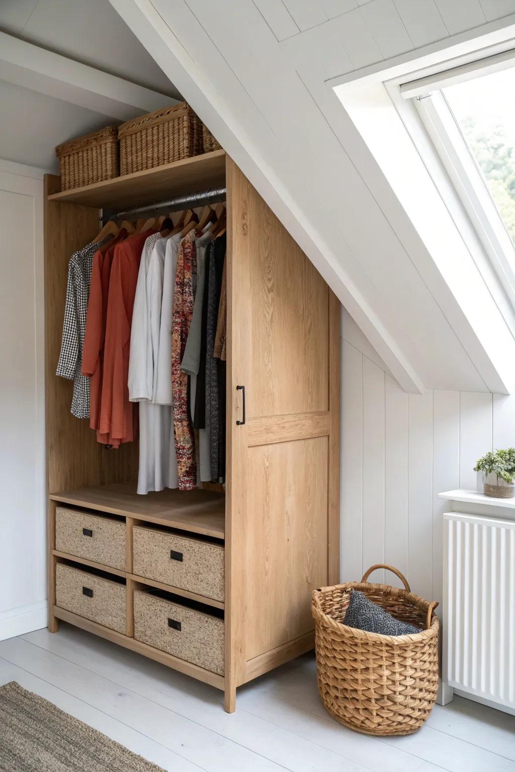 No-door attic closet: an open rail under the eaves saves floor space and keeps everything looking calm.