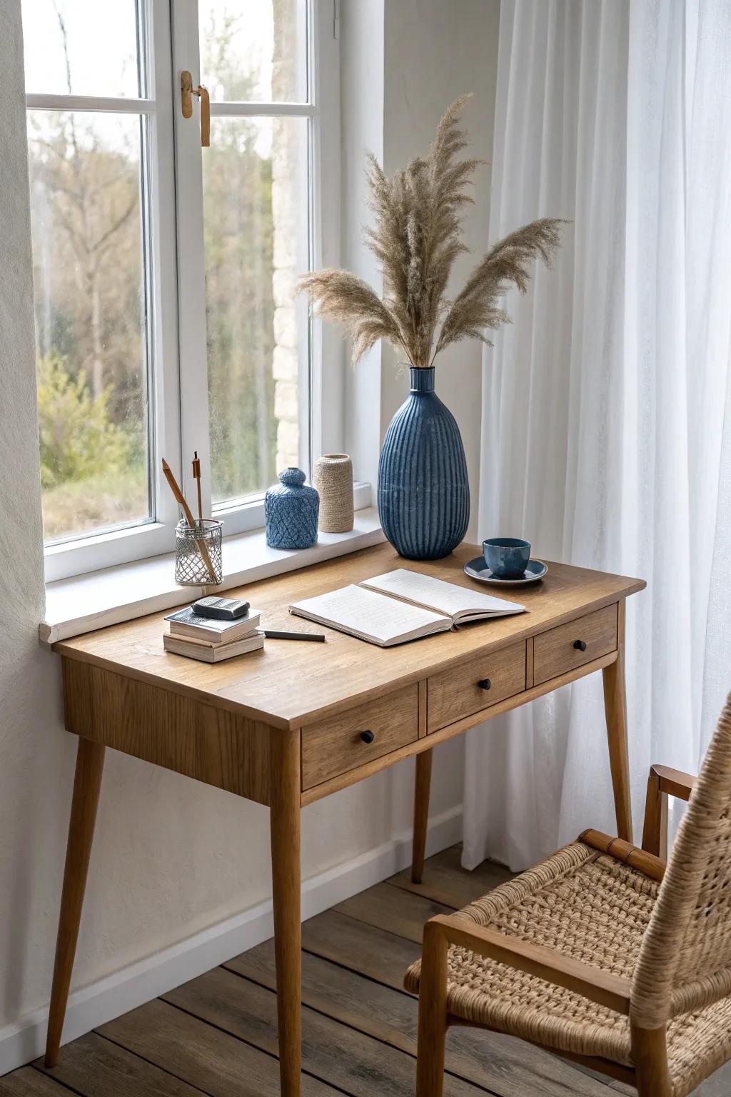 A slim desk under the window turns a tiny spare room into a bright, airy workspace.