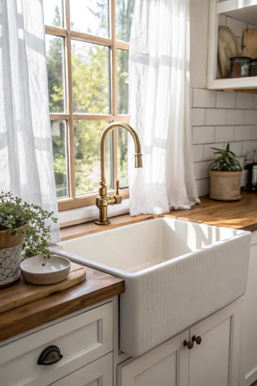 Sink under the window: bright, airy, and perfect for making a small square kitchen feel bigger.