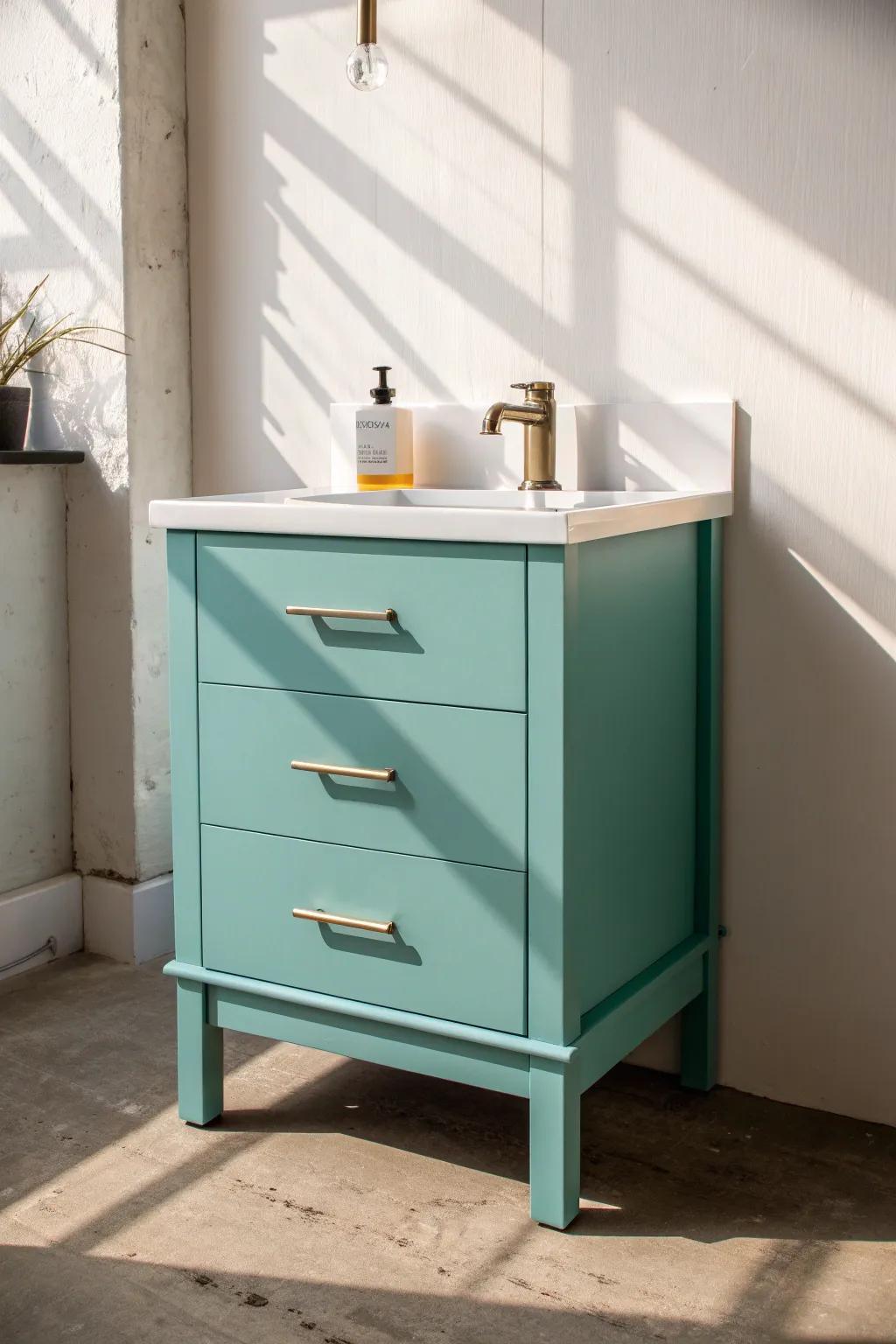Compact teal vanity + bright white top: bold color, crisp contrast, perfect for small baths.