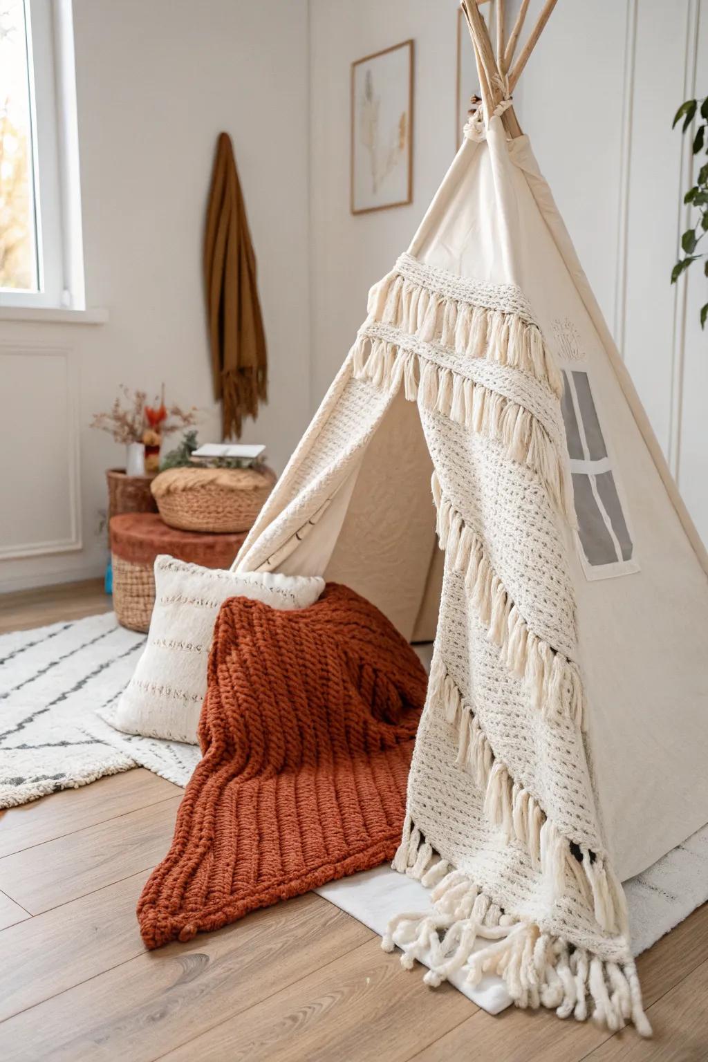 Cozy tent vibe: pair a chunky knit and smooth throw for layered warmth in small spaces.