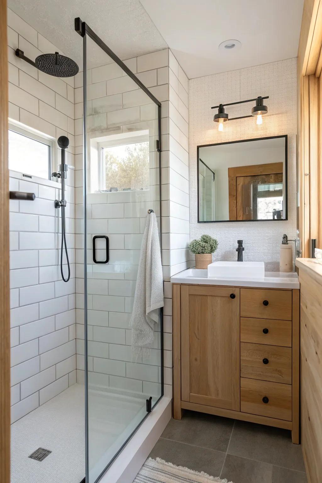 A clear glass shower screen keeps a tiny bathroom open, bright, and beautifully seamless.