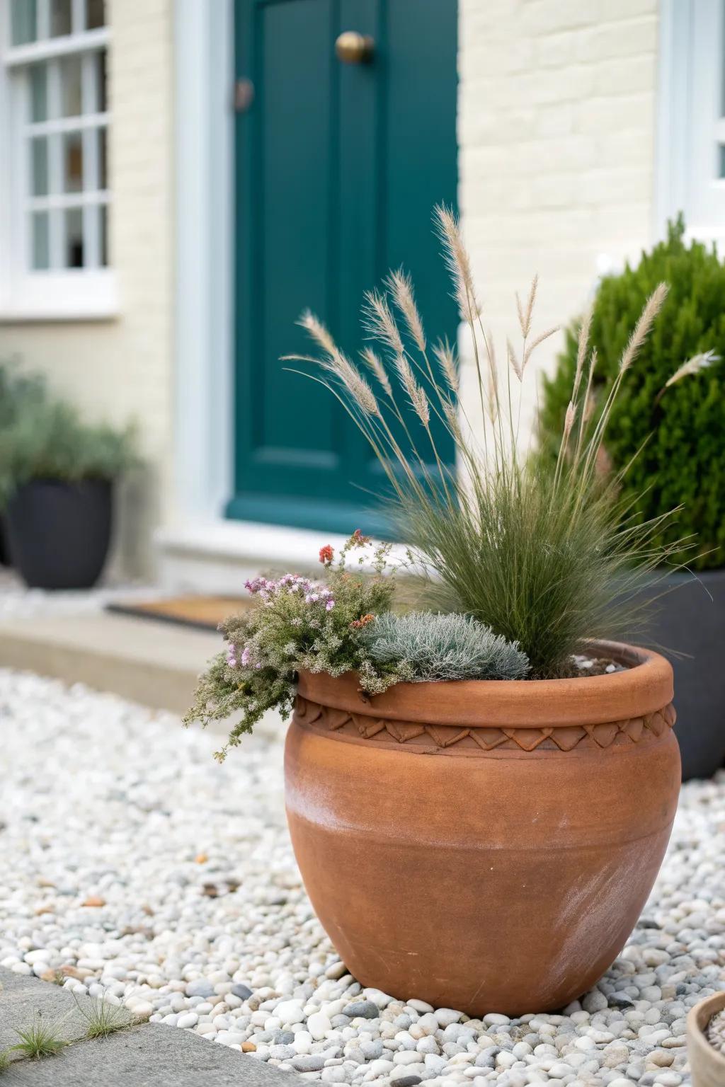 No-lawn perfection: pea gravel + one sculptural planter makes a tiny front garden feel lush.