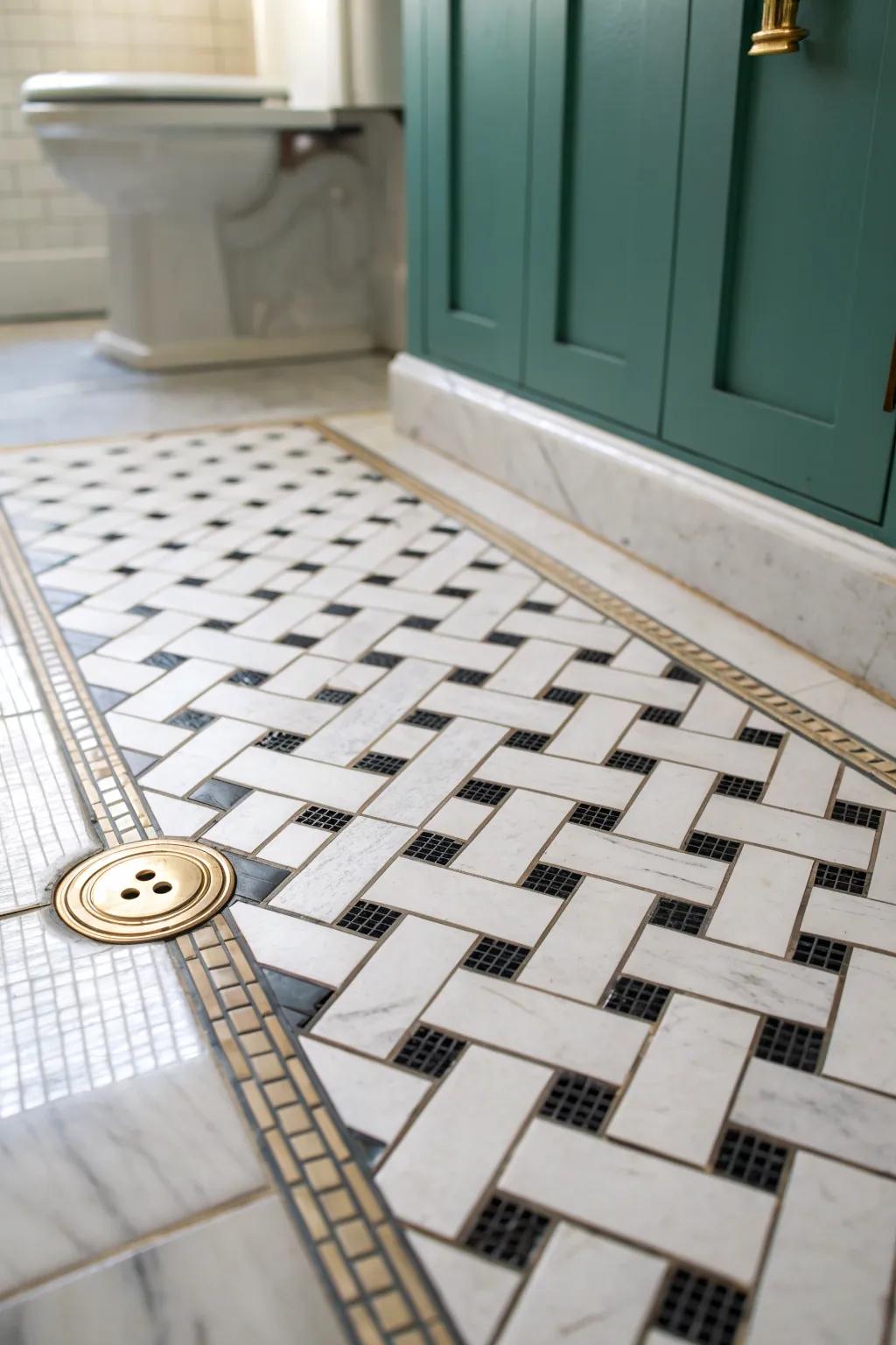 A classic basketweave mosaic floor brings timeless charm—and hides dust—in the smallest baths.