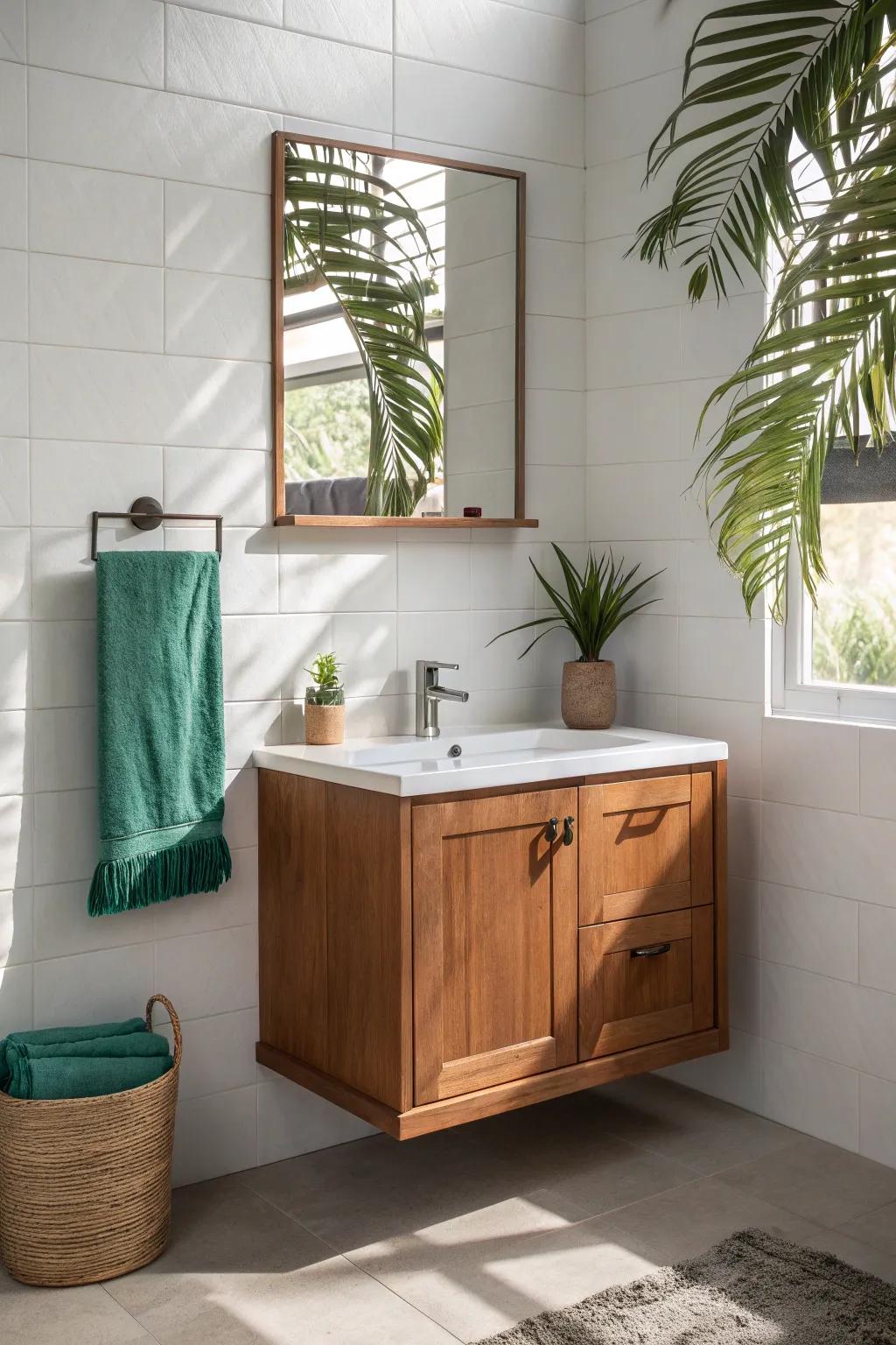 Warm teak vanity instantly turns a tiny white-tile bath into a relaxed tropical retreat.