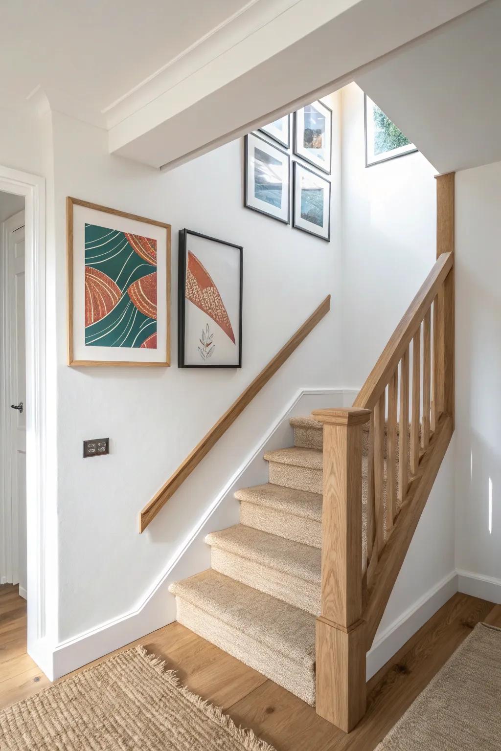 A bold framed print anchors a petite upstairs landing—gallery-wall energy, zero floor clutter.
