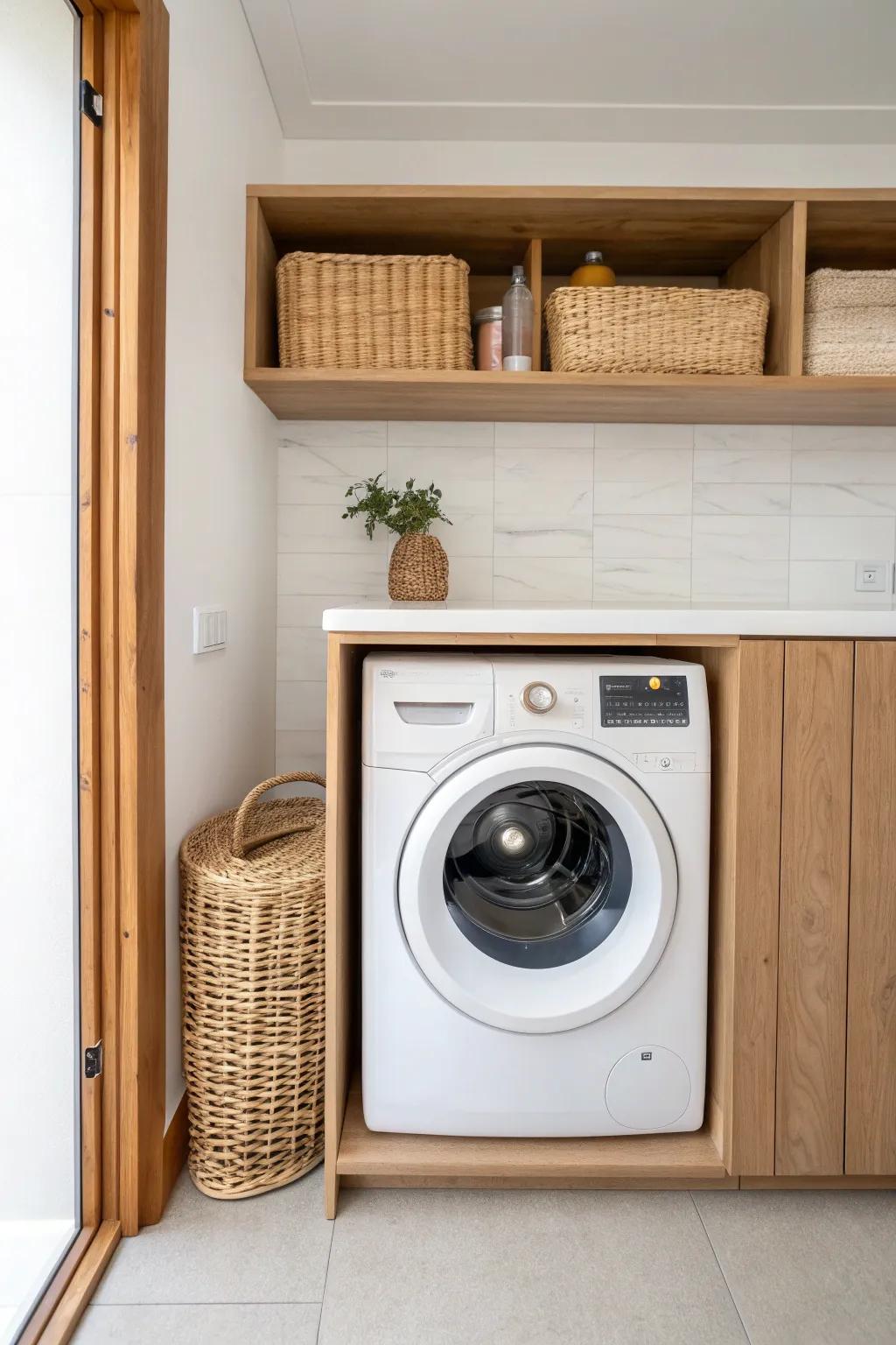 A snug built-in surround hides the gaps—custom look, less dust, easier laundry-day cleanup.