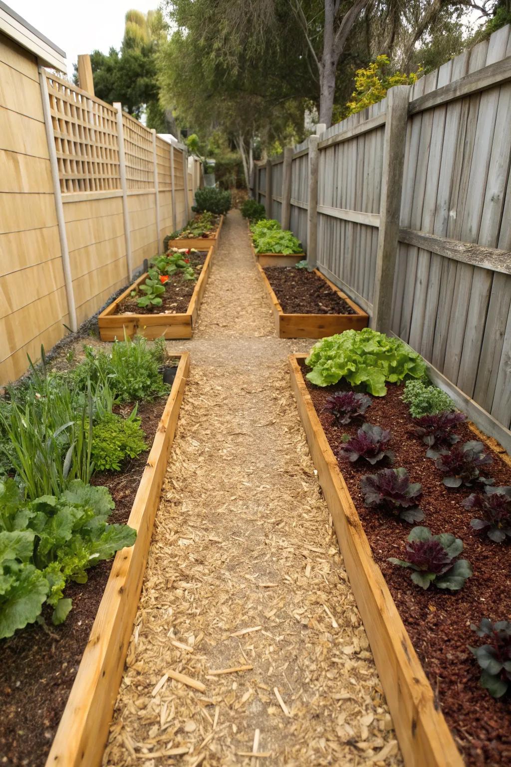 Two slim raised beds with a cozy mulch walkway—tiny-space veggie garden made simple.