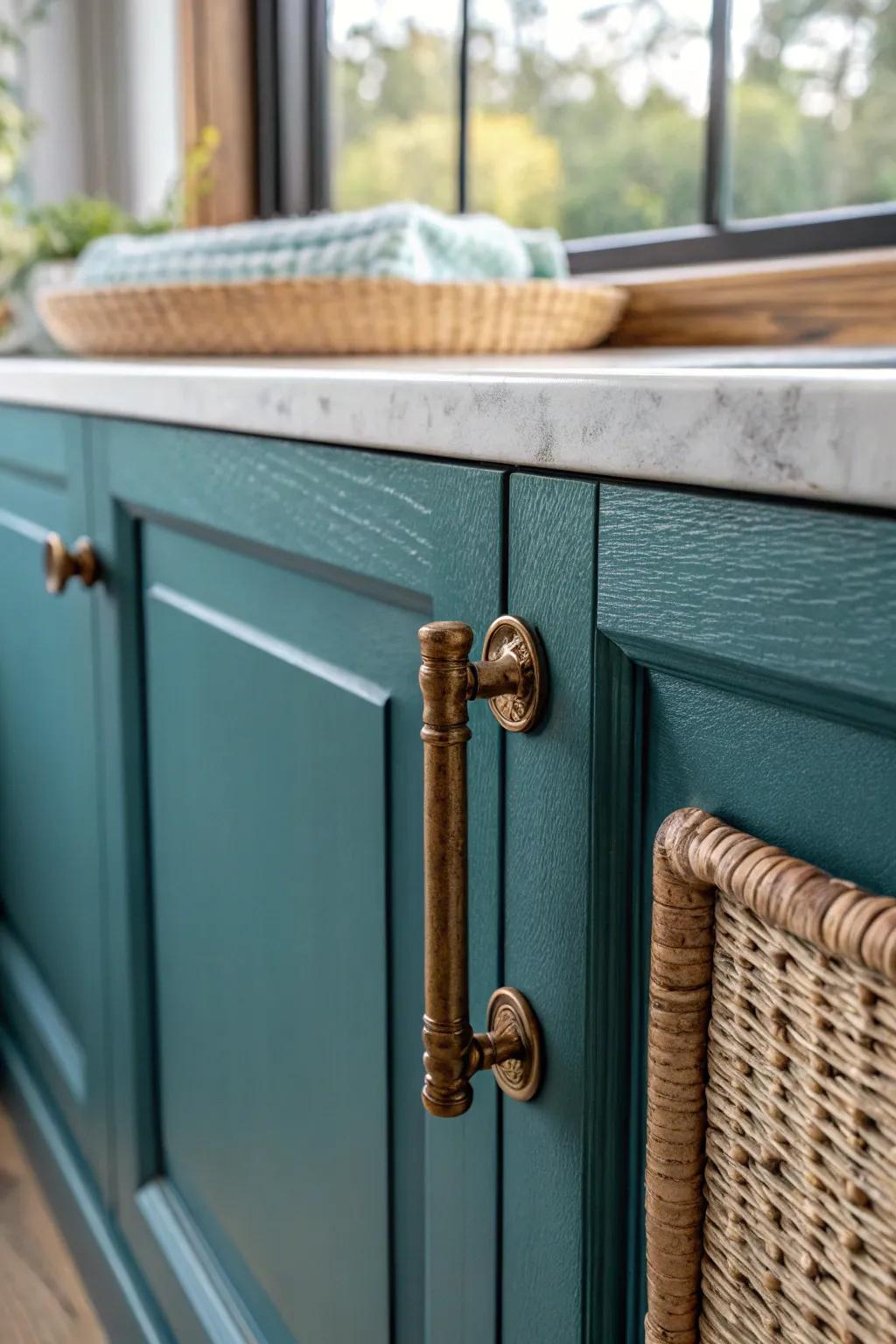 Warm brass hardware adds instant Victorian character—like jewelry for a small kitchen.