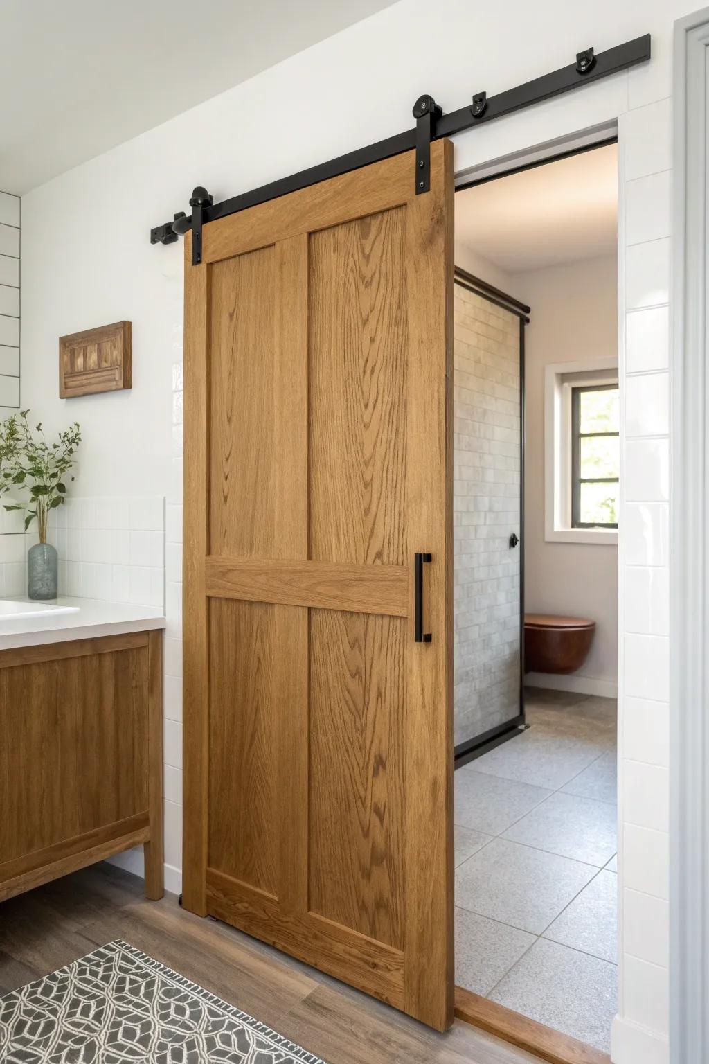 Space-saving barn door adds rustic western charm—clean lines, warm wood, and bold contrast.