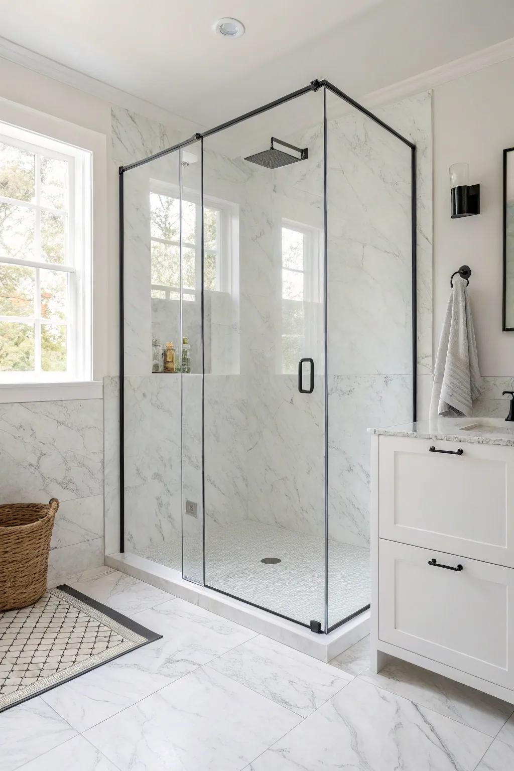 A frameless glass panel keeps white marble showers feeling open, airy, and spacious.