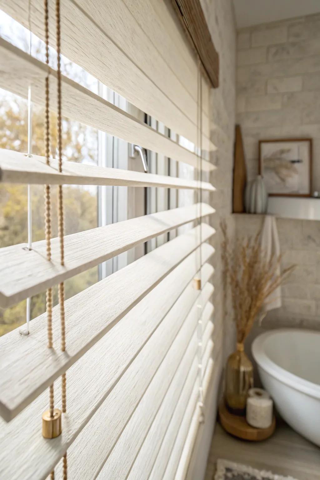 Moisture-proof faux wood blinds that add warmth, privacy, and crisp Scandinavian style.