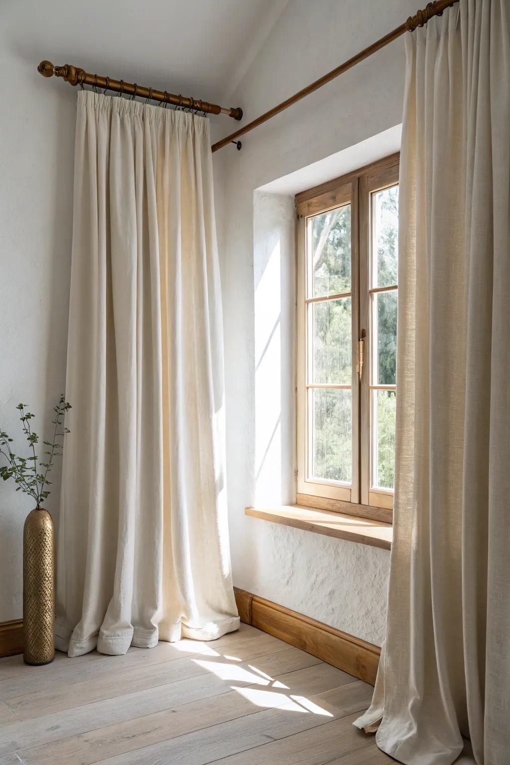 Hang the rod high and wide to fake height and make a small window feel instantly bigger.