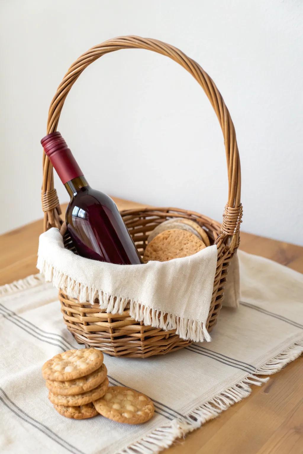 Cozy night-in wine basket: red wine, cookies, and a linen towel liner—small-space perfect.