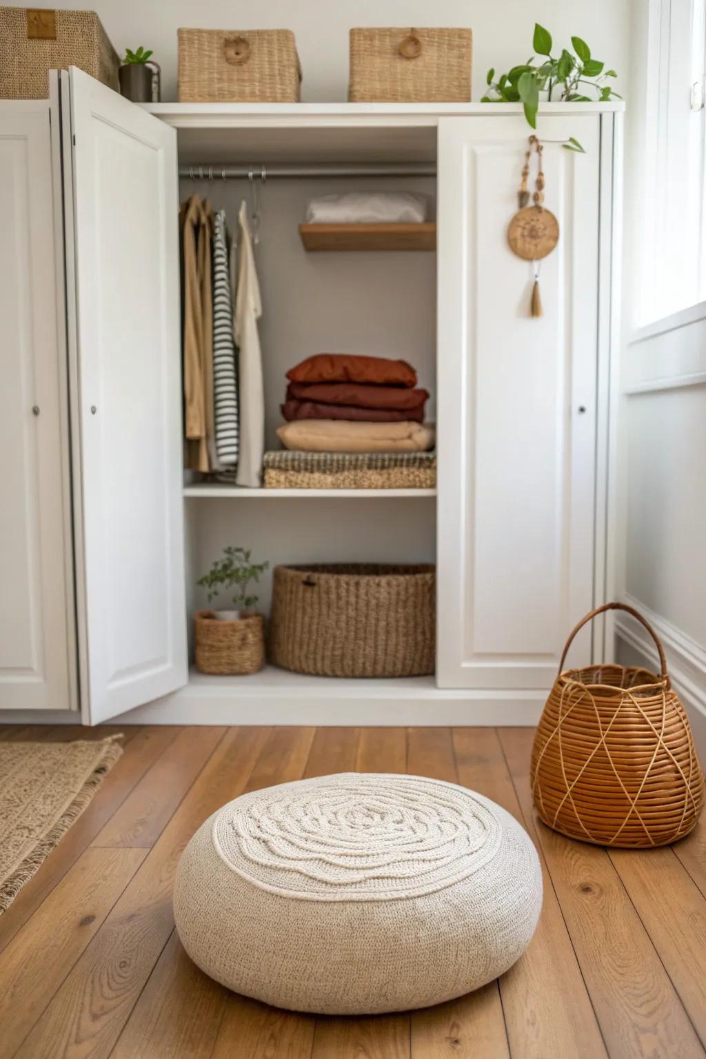Open a closet door and roll out calm—one cozy bolster turns wasted space into a yoga nook.