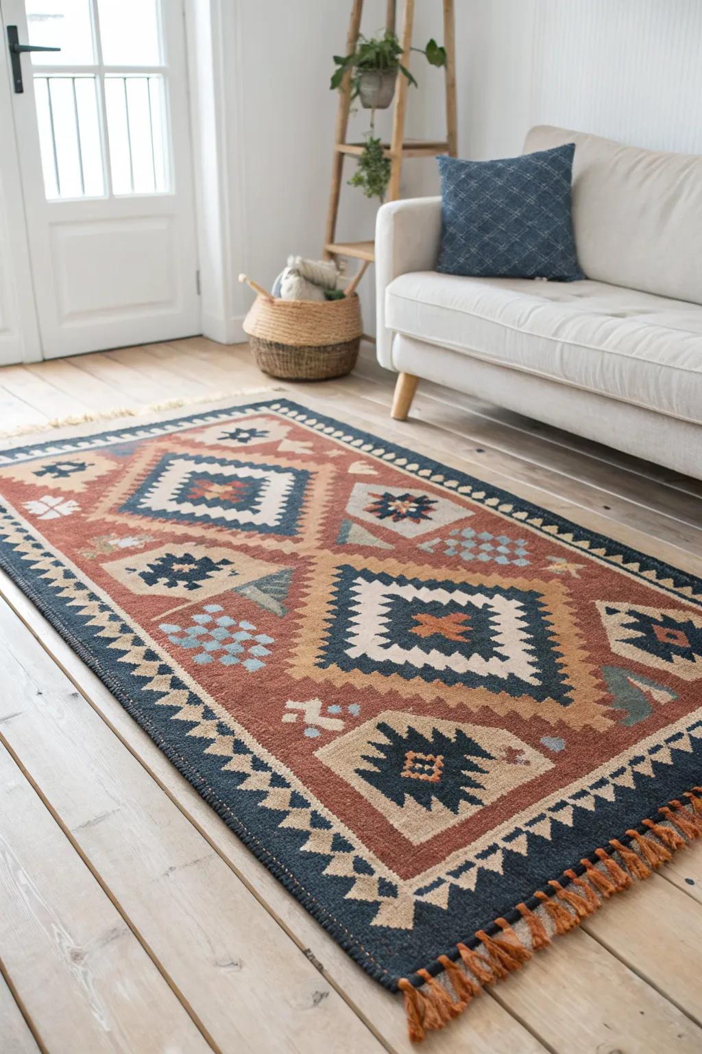 A handwoven statement rug defines the living zone, turning a studio into “rooms” instantly.