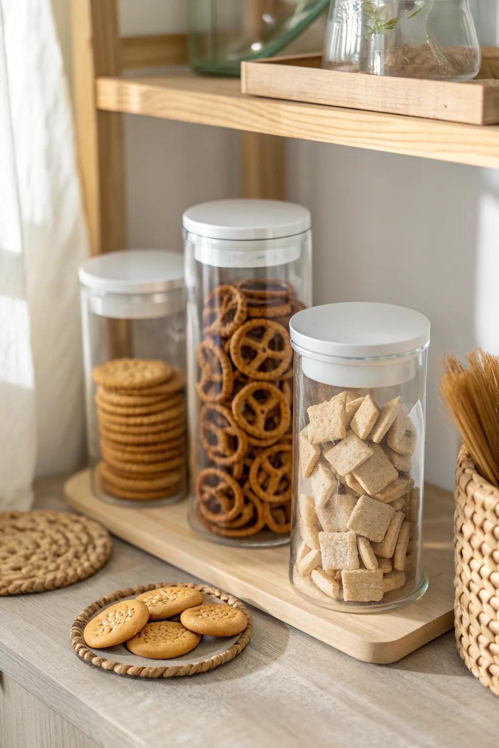 Decant snacks into matching jars for a calm, space-saving pantry shelf.