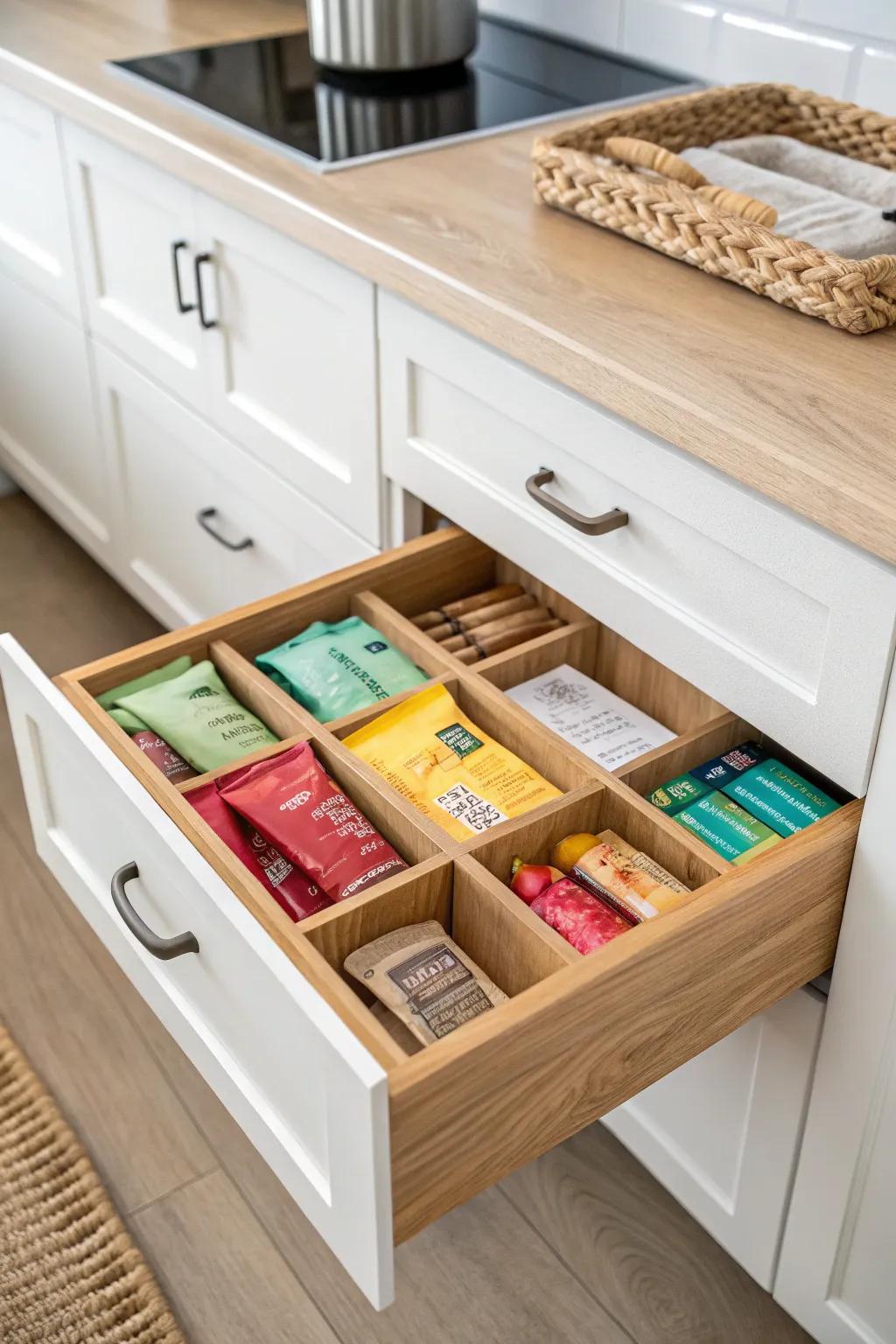 Turn one deep drawer into a tidy snack station with simple dividers that keep everything in place.