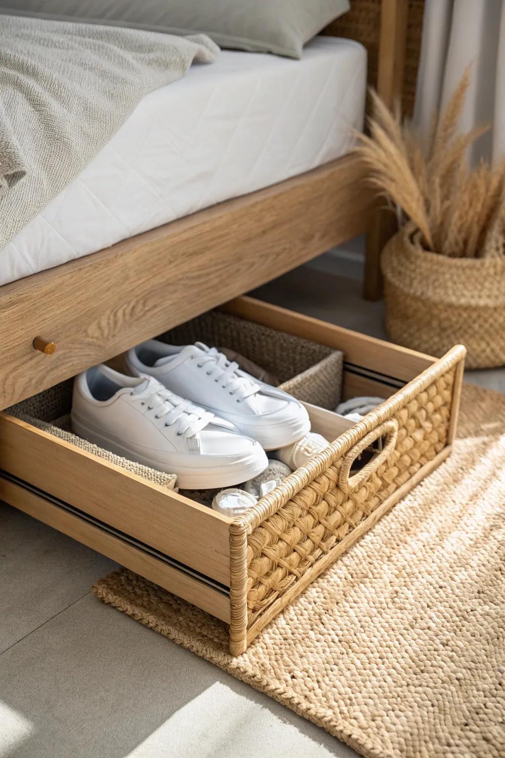 Hide off-season sneakers in a chic under-bed slide-out bin—minimal, easy-access storage.