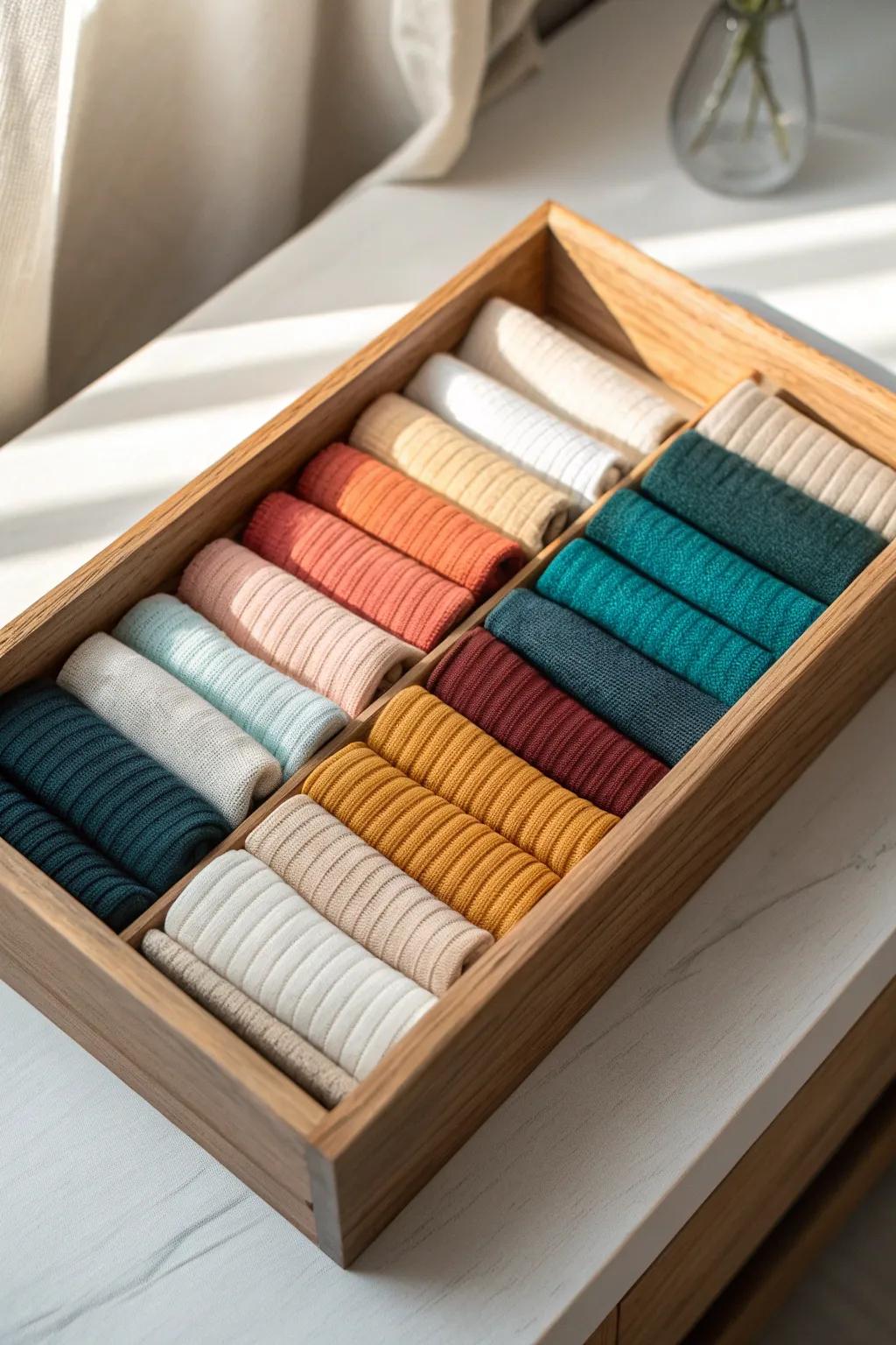 Vertical file-folding turns socks into a tidy color row—see every pair in one glance.