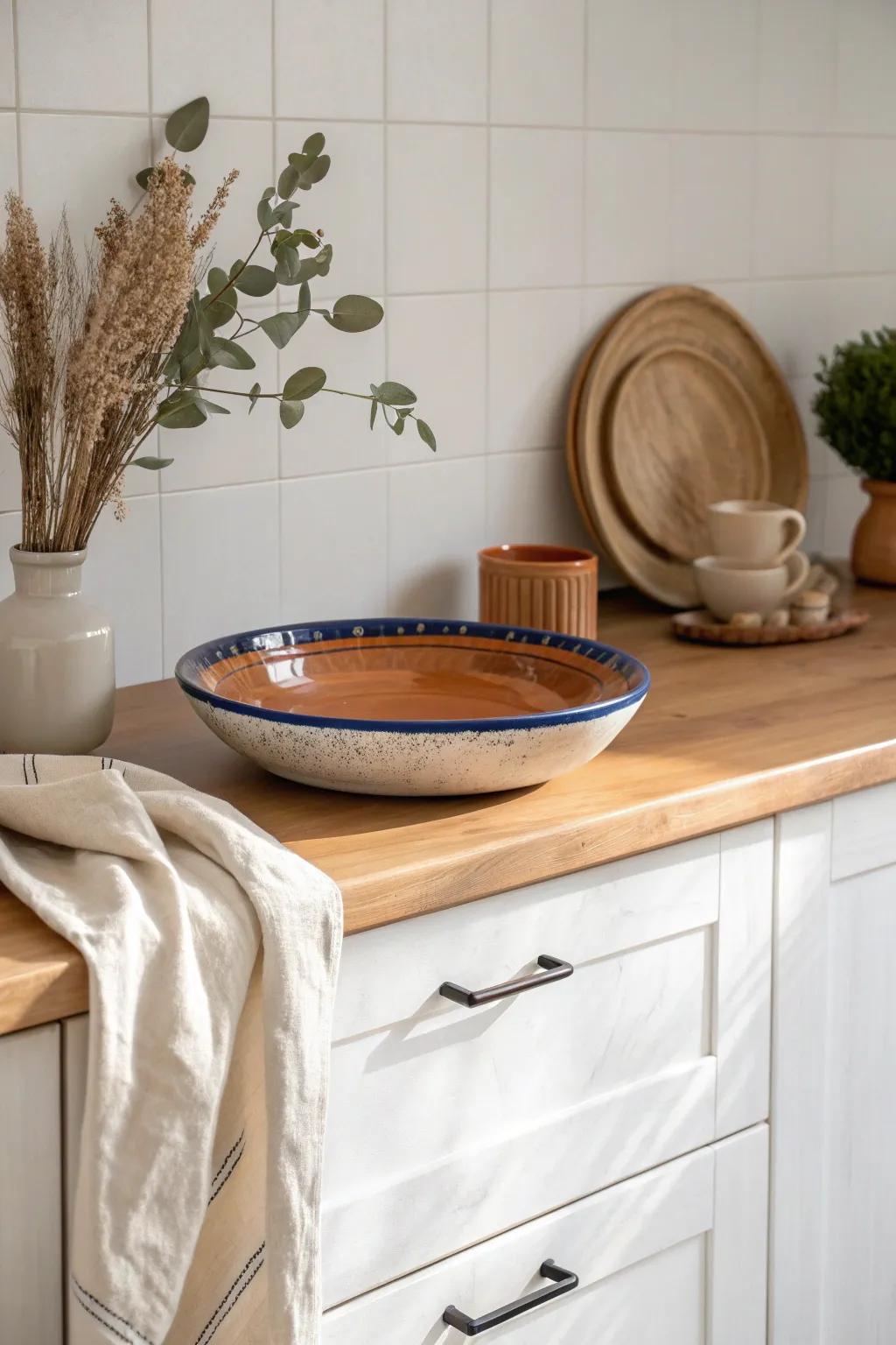 Turn the space above cabinets into a bold display with one oversized artisan serving platter.