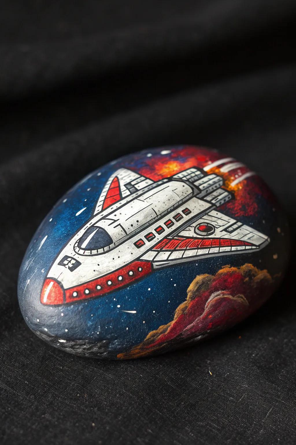 Unleash your creativity: Discover the art of space rock painting with this striking spaceship design.