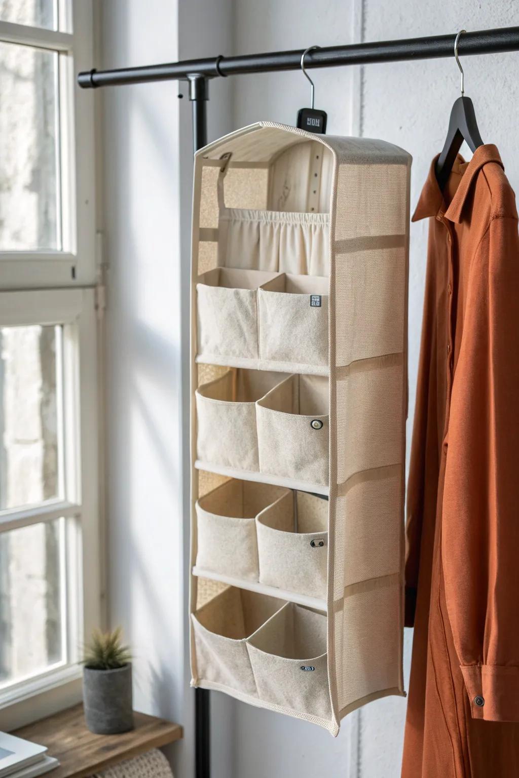 Go vertical: a hanging cubby organizer adds instant shelves and drawer-like storage.