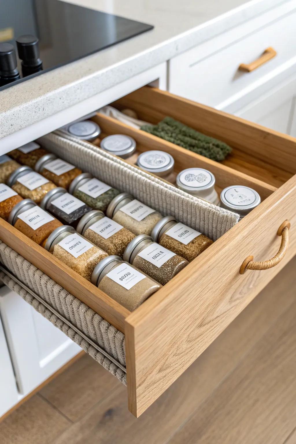 Angled spice drawer inserts keep every jar visible—no more duplicates in tiny kitchens.