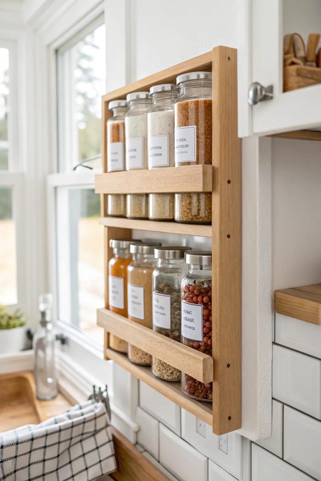 A sleek door-mounted spice rack that saves space—minimal, warm wood, and easy to grab.