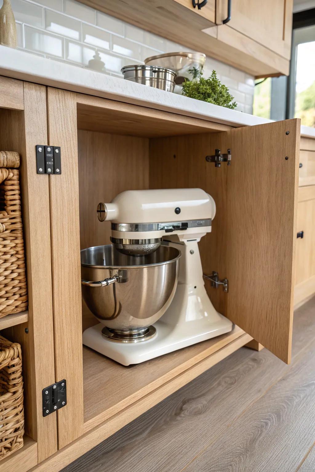 A mixer lift shelf makes heavy stand mixers vanish—and rise to prep height in seconds.