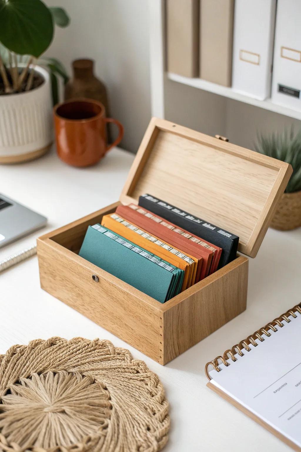 Flip-through bliss: a tabbed index box turns sticker sheets into a mini catalog for small desks.