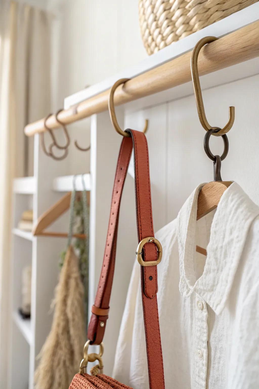 Hang a light shoulder bag on a closet-rod hook to free shelf space and keep it visible.