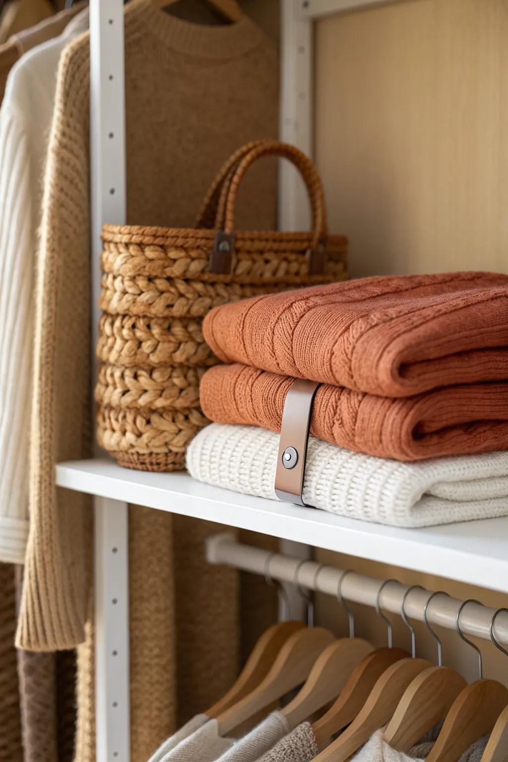 Shelf dividers turn messy sweater stacks into tidy closet compartments—effortlessly.