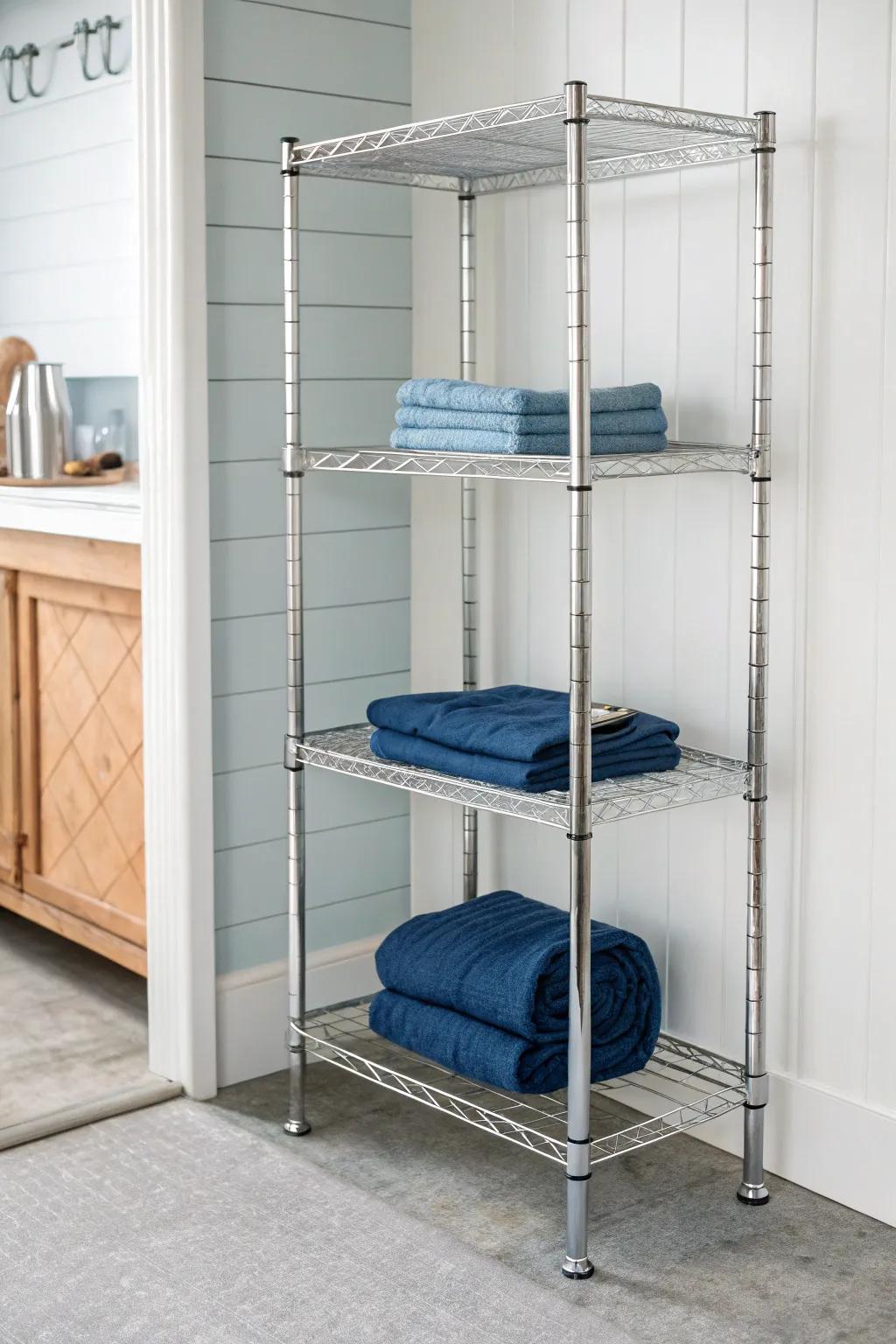 Breathable heavy-duty wire shelving for damp storage rooms—minimal chrome + a boho basket accent.