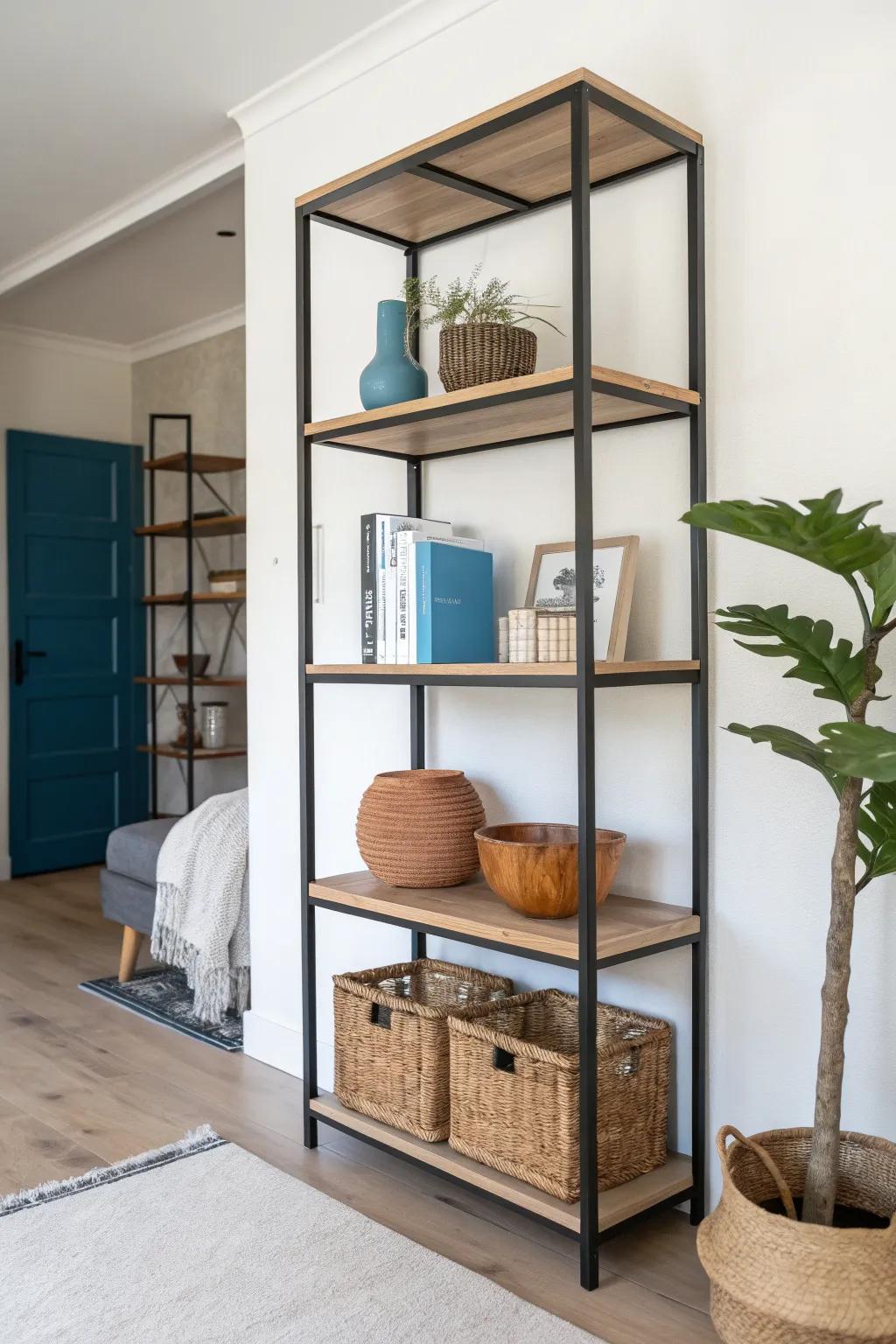 Open shelving divides a studio without blocking light—easy separation with a clean, modern look.