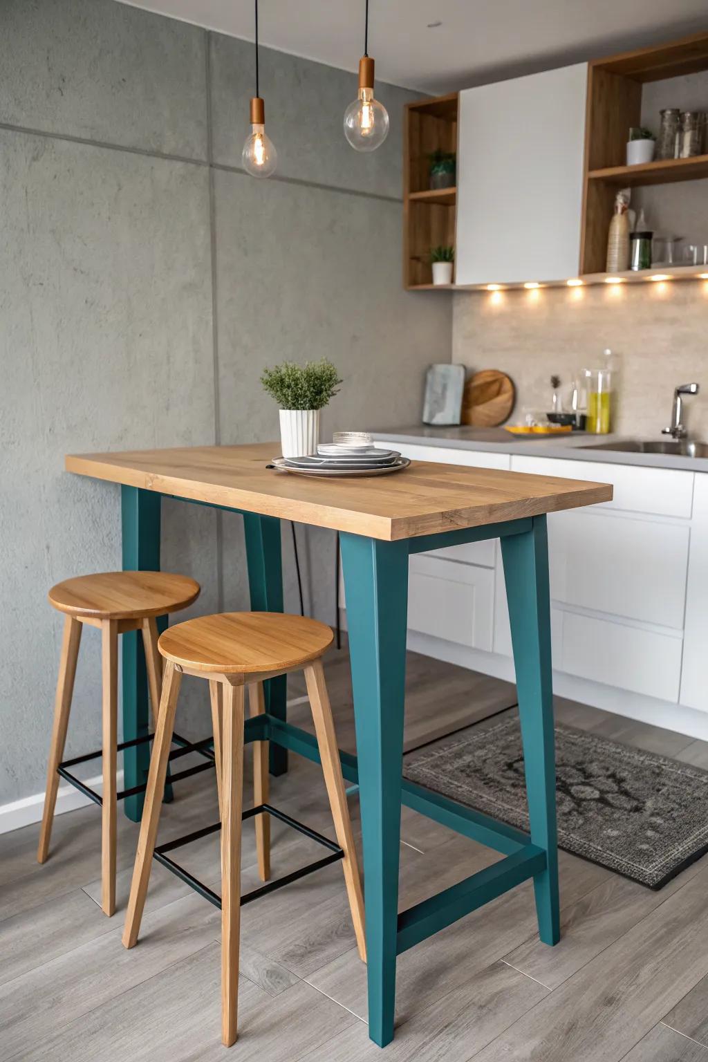 A slim counter-height peninsula becomes your dining table, prep zone, and laptop perch.
