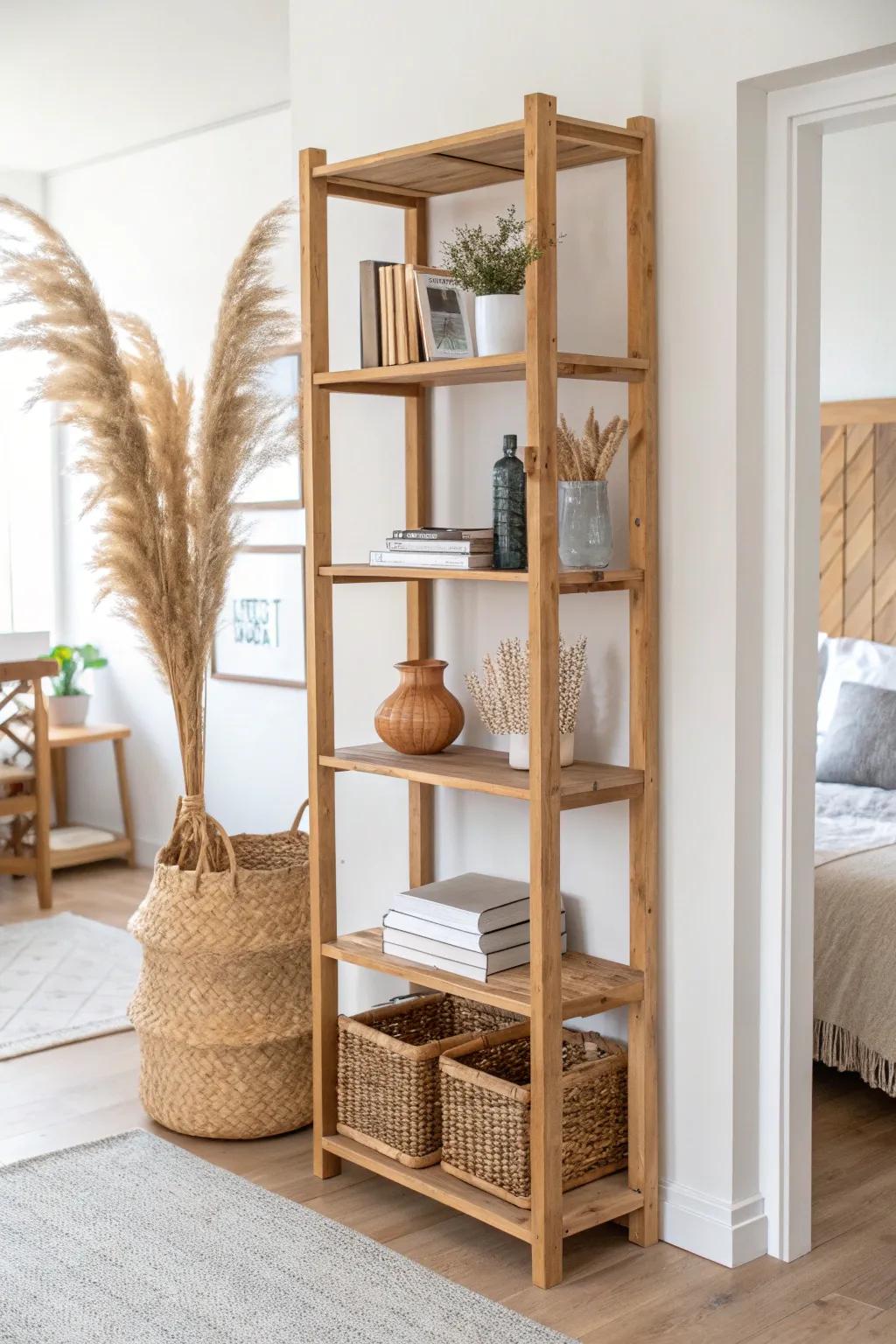 Turn a tall open shelf into a light‑filled divider—storage + privacy for your studio zones.