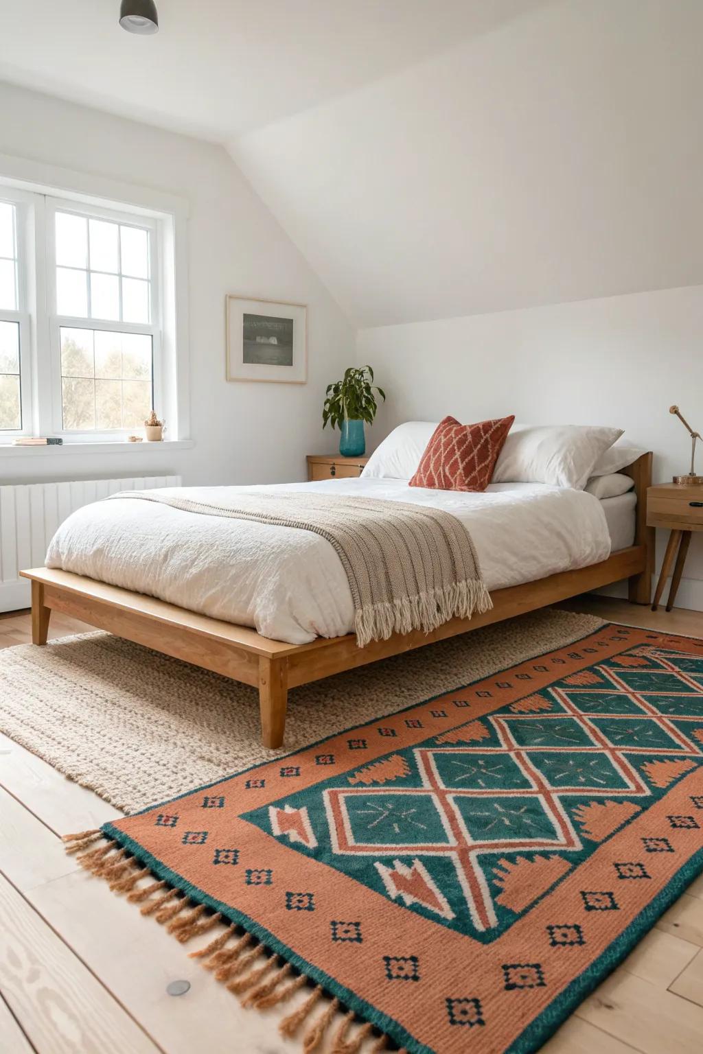 A bold area rug under the bed instantly defines a cozy sleep zone in a tiny studio.