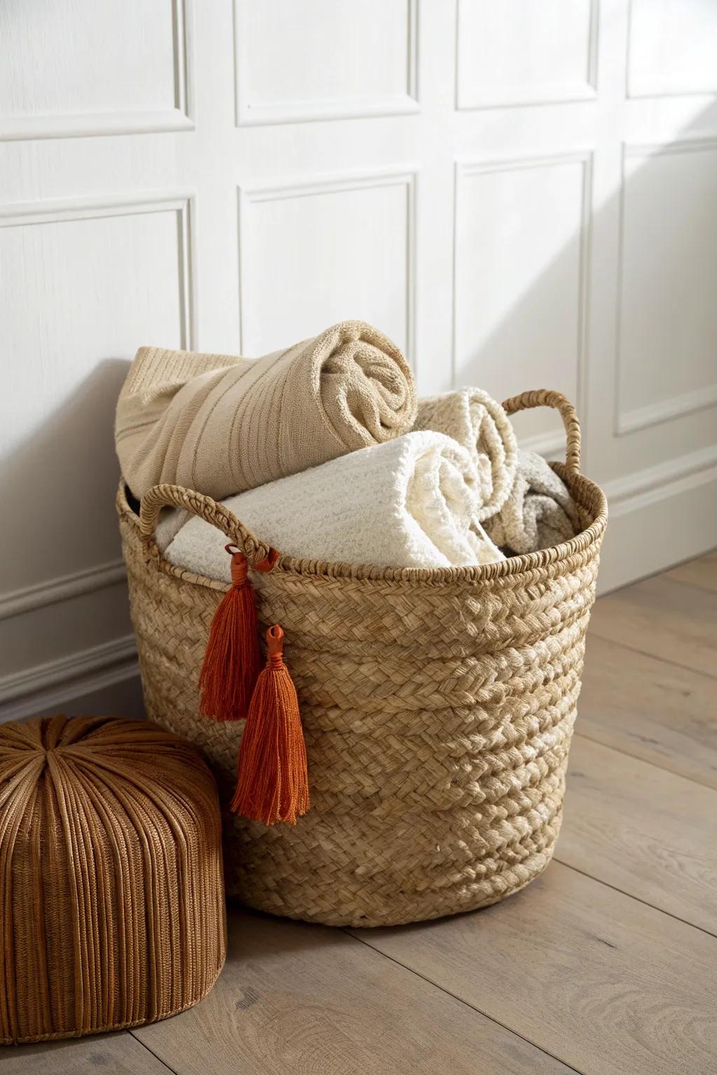 Neutral textures, zero clutter: a woven basket with cozy knits for a calm studio palette.