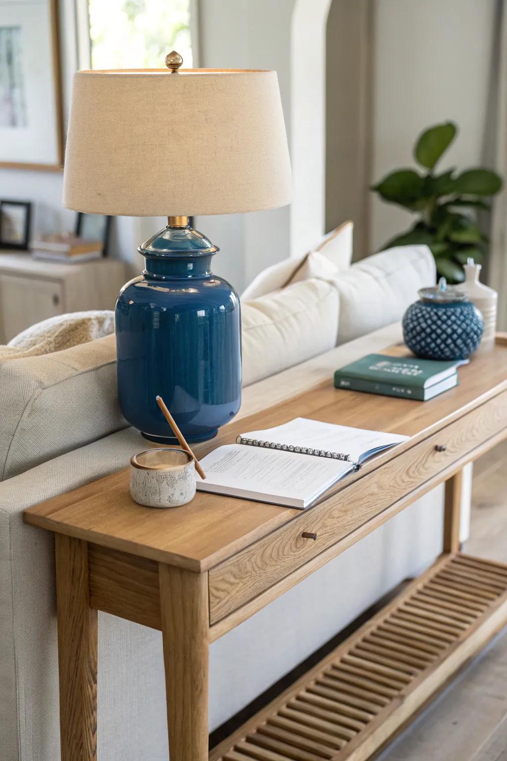 A slim console desk behind the sofa creates a chic study nook—no walls, just style.