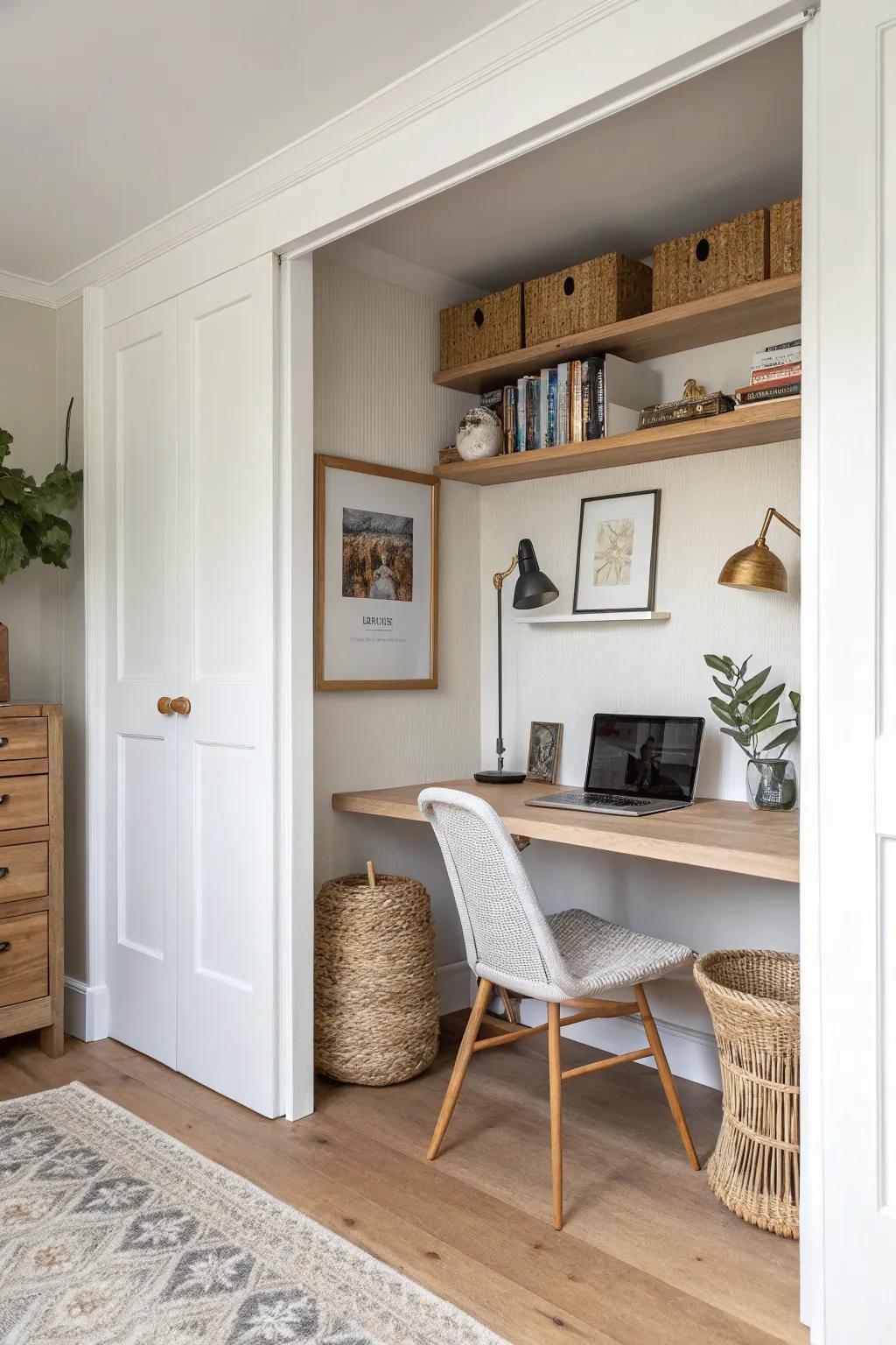 Turn a shallow closet into a hidden study nook—close the doors and your mess disappears.