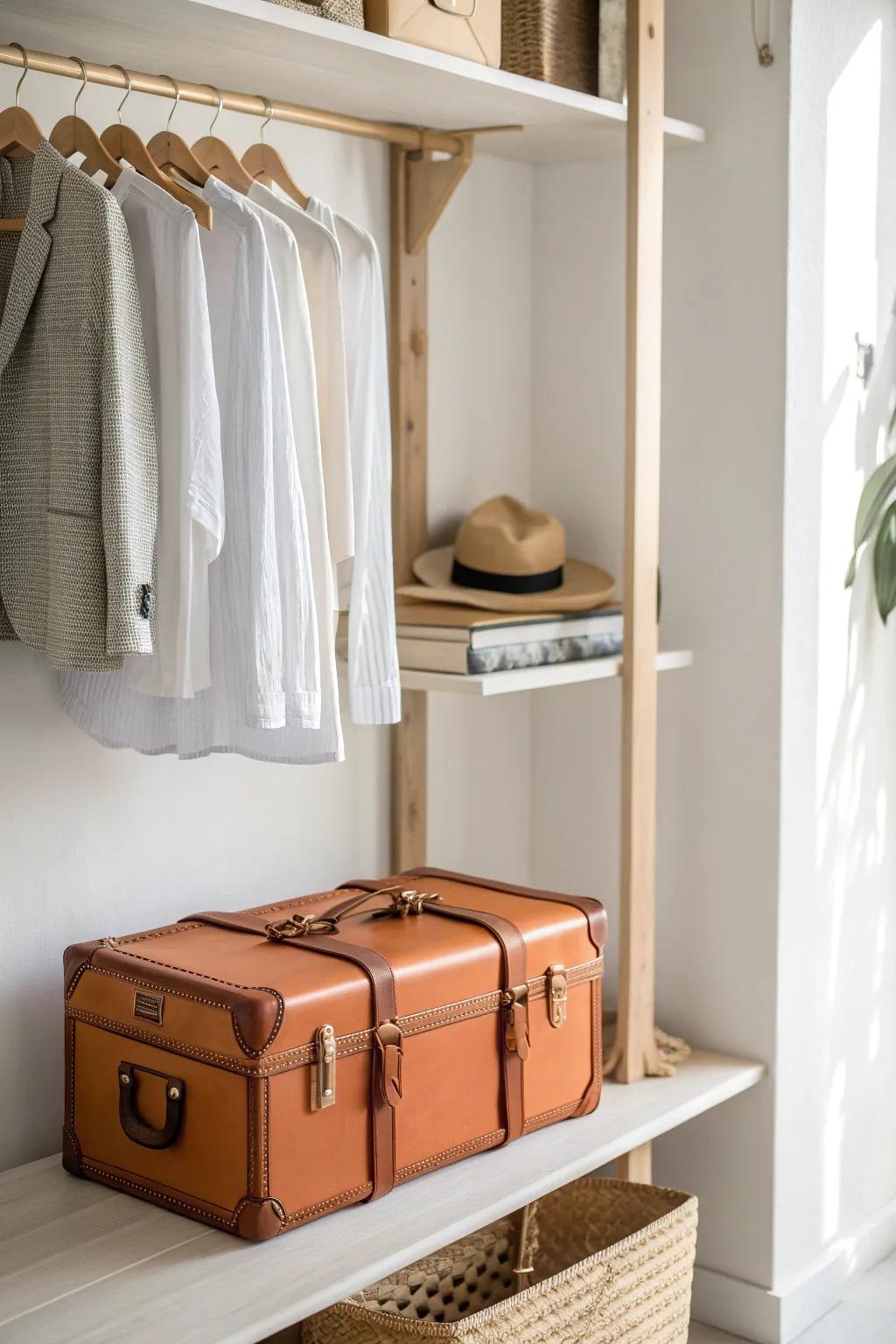 Claim the top closet shelf for rarely used suitcases—store them empty for easy lifting.