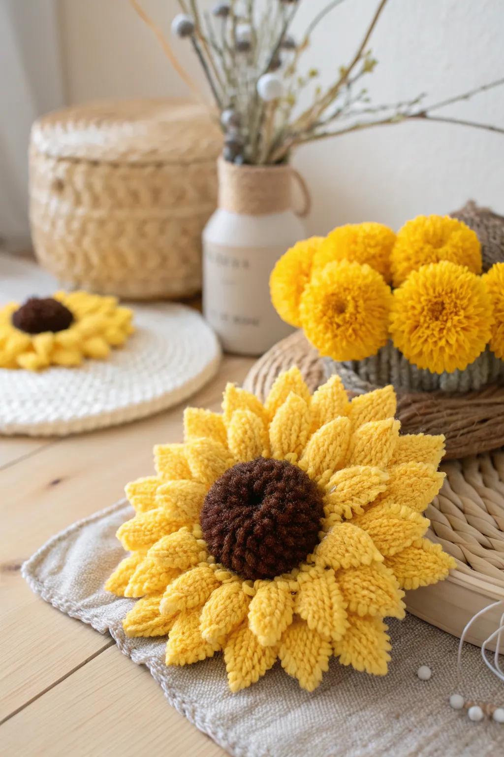 Craft your own fluffy sunflower masterpiece with pom-poms — a playful touch of nature's beauty!