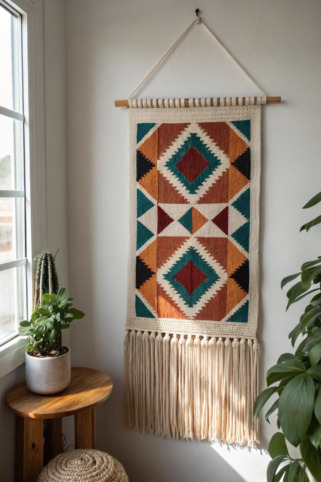 A bold woven tapestry frames a tiny reading nook and makes the corner feel intentional.